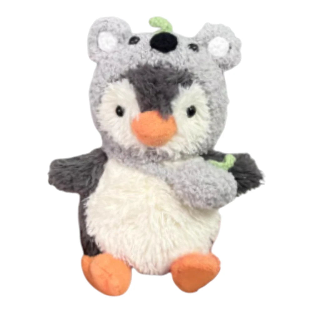 Jellycat Peanut Penguin Bag Charm wearing a koala-themed head cover and holding a matching small bag.