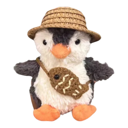 Jellycat Peanut Penguin Bag Charm wearing a straw hat and holding a matching small bag, available in two colors.