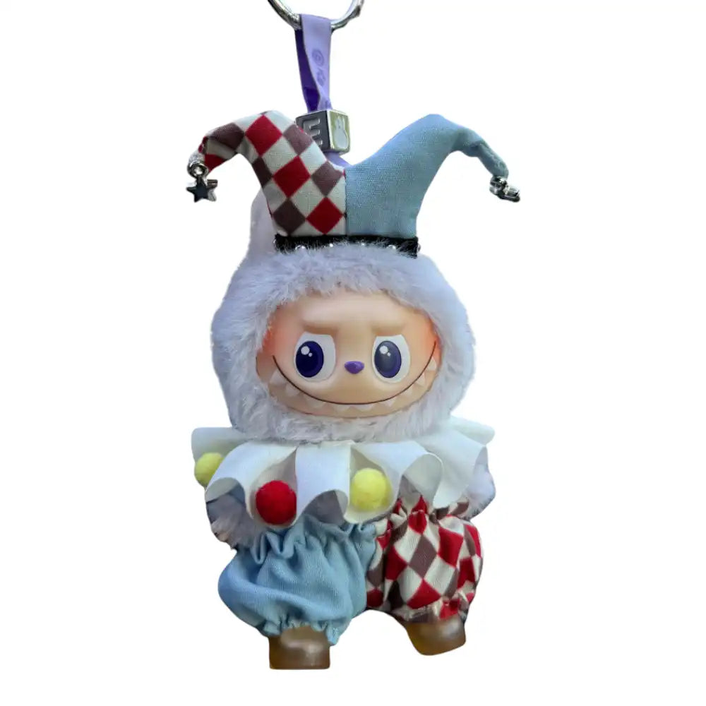Labubu 4.0 figure wearing a red and powder blue checkered Acrobat circus outfit costume.