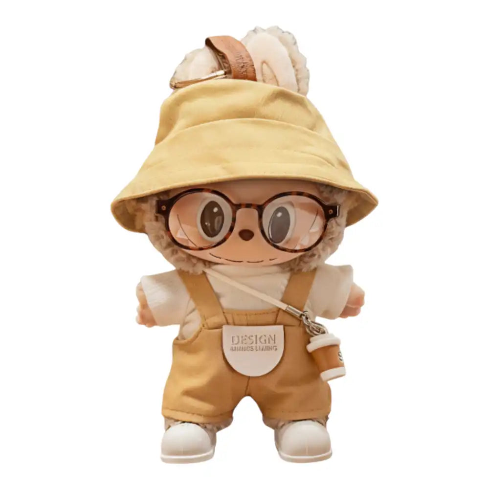 Labubu 4.0 figure wearing a wheat-colored picnic outfit set, including suspender overalls and a matching bucket hat.