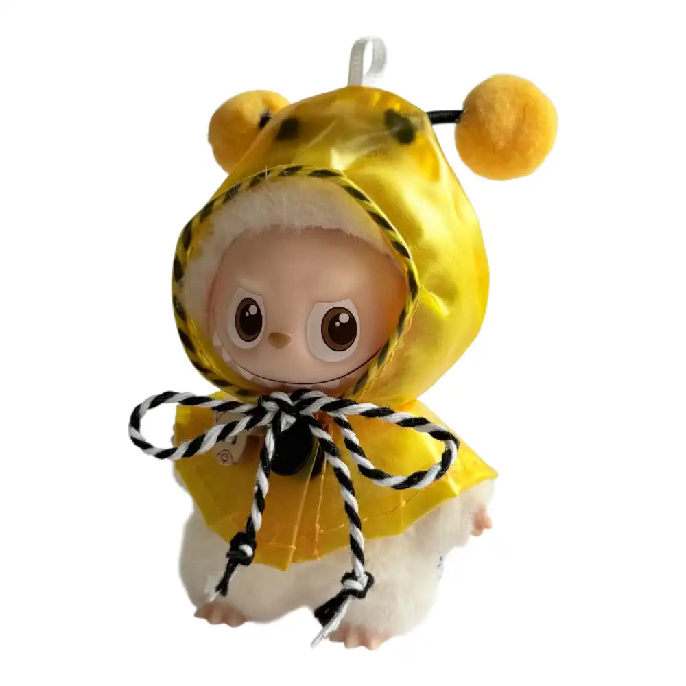 Collection of Labubu 4.0 figures wearing themed raincoat outfits, including Yellow Bee, Green Dinosaur, Purple Unicorn, and Pink Bunny styles.