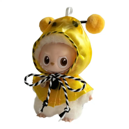 Collection of Labubu 4.0 figures wearing themed raincoat outfits, including Yellow Bee, Green Dinosaur, Purple Unicorn, and Pink Bunny styles.