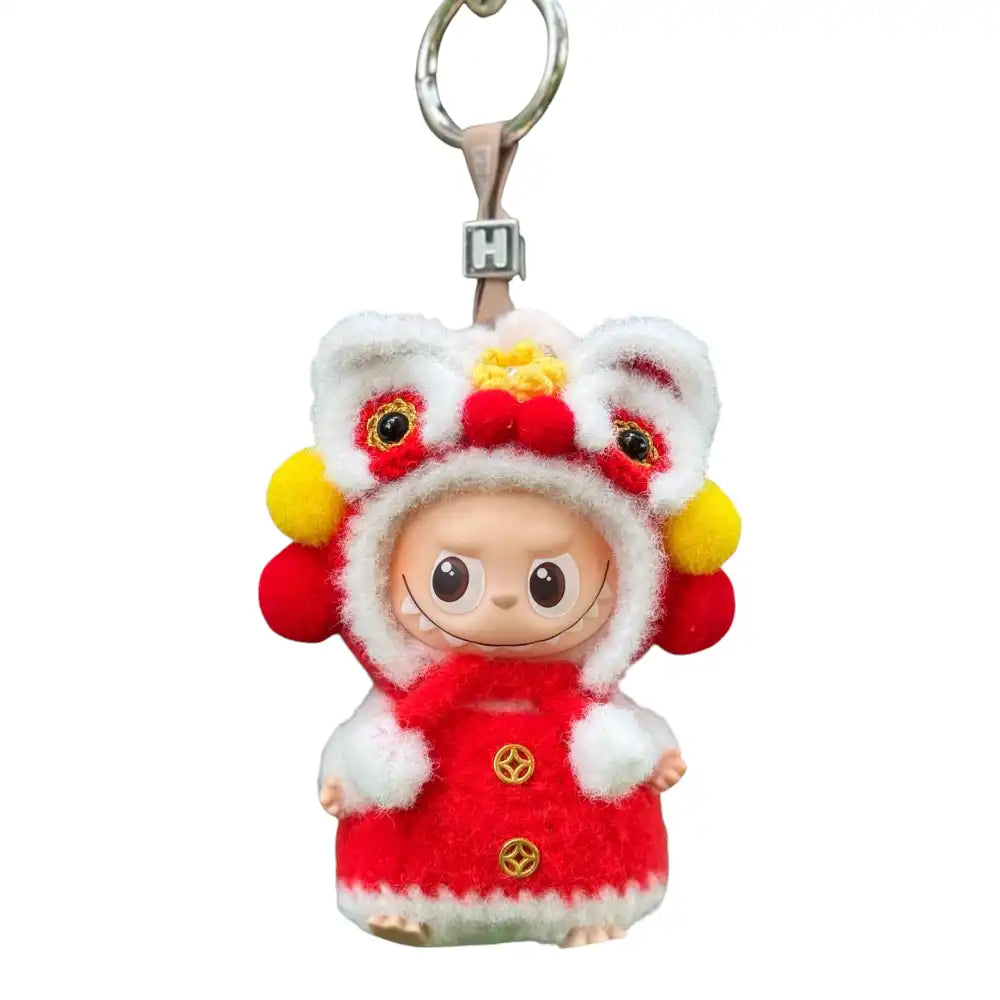 Labubu 4.0 figure wearing a detailed red Lion Dance costume outfit, designed for festive display.