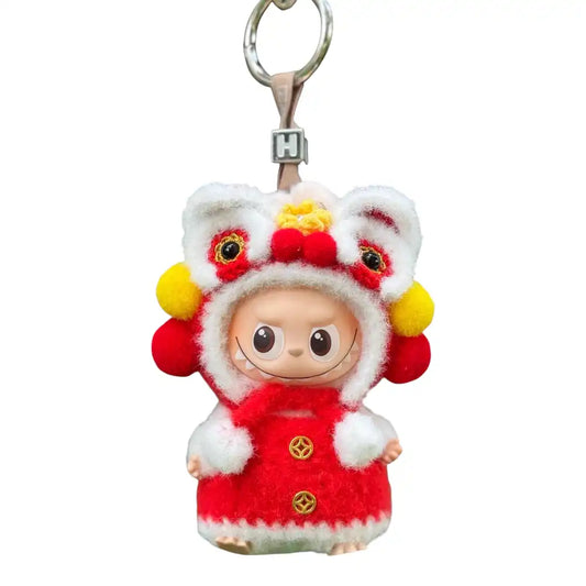 Labubu 4.0 figure wearing a detailed red Lion Dance costume outfit, designed for festive display.