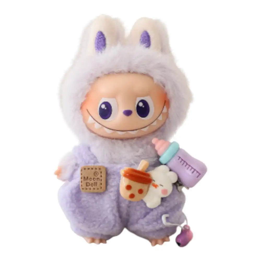 Labubu 4.0 figure wearing baby-style overalls (e.g., light blue) and holding a miniature milk bottle accessory.