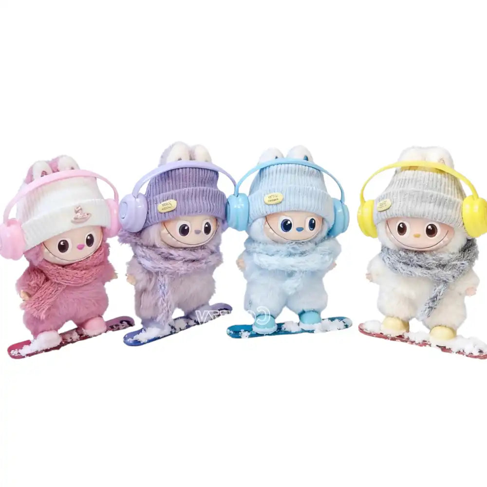 Labubu 4.0 figure wearing a full Snowboard Outfit set, including a beanie, scarf, headphones, and snowboard boots (e.g., in blue color).