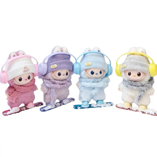 Labubu 4.0 figure wearing a full Snowboard Outfit set, including a beanie, scarf, headphones, and snowboard boots (e.g., in blue color).