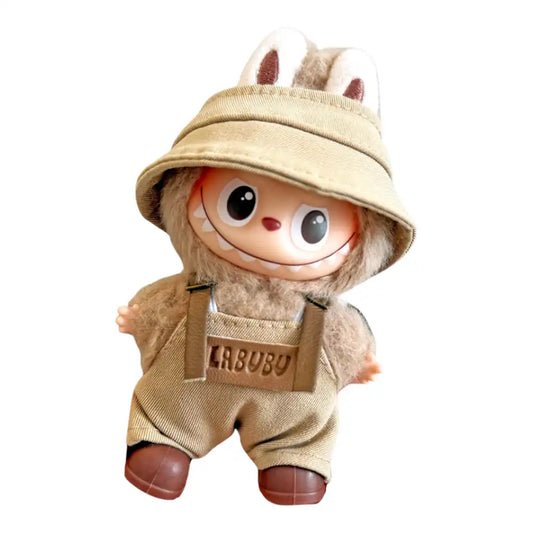 Labubu 4.0 figure wearing the Khaki Explorer Outfit set, including suspender overalls, a matching hat, and shoes.