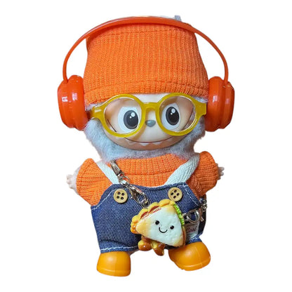 Labubu 4.0 figure wearing the 7-piece Overalls and Headset Outfit set (e.g., purple), showcasing the shirt, overalls, shoes, hat, glasses, bag, and headphones.