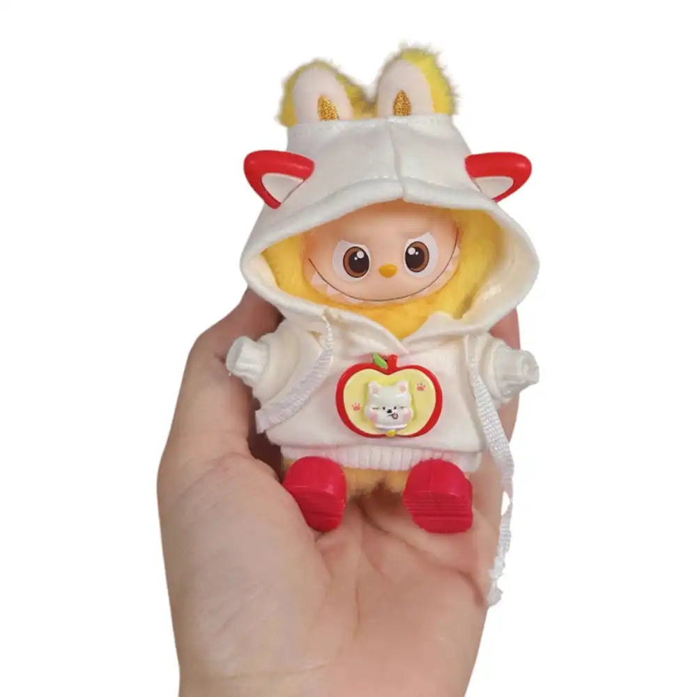 Labubu 4.0 figure wearing a white hoodie outfit with a cute attached Cat accessory on the hood.