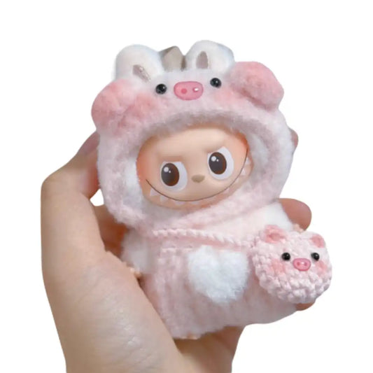 Labubu 4.0 figure wearing a complete Piggy-themed outfit, featuring pink fabric and miniature pig ears and snout details.