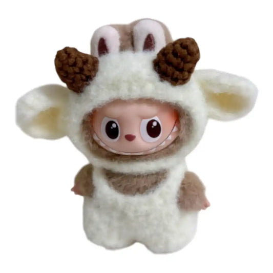 Labubu 4.0 figure wearing a complete Goat-themed outfit, featuring horns, a beard, and rustic brown and white fabric.