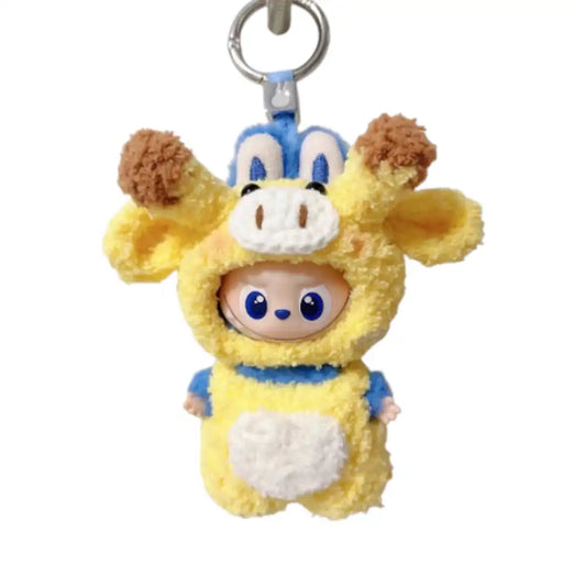 Labubu 4.0 figure wearing a complete Giraffe-themed outfit, featuring the distinctive spotted pattern and small ossicones (horns).