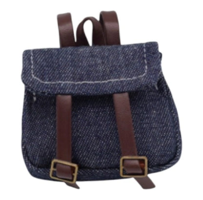 Two miniature backpacks for Labubu, one in blue denim and one with a pink striped pattern.
