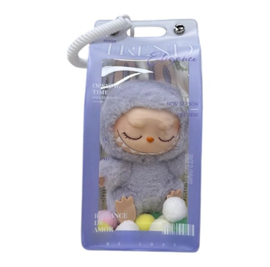 A collection of transparent protector bags for Labubu, each containing a Labubu figure, showcasing the 16 different available colors for the bag's accents.