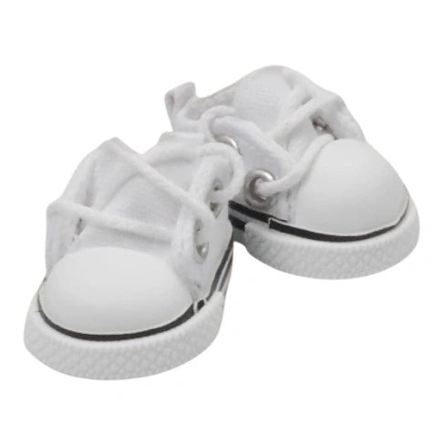 A colorful array of 8 pairs of handmade canvas shoes for Labubu, displayed in white, pink, black, red, yellow, light blue, green, and purple.