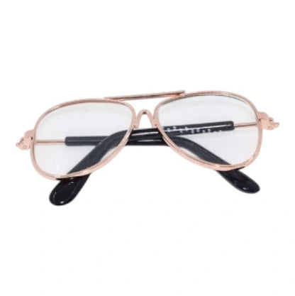 A display of miniature rose gold frame sunglasses for Labubu, showcasing different lens colors including clear, blue, green, yellow, pink, and black.