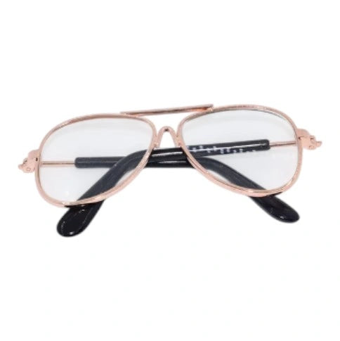 A display of miniature rose gold frame sunglasses for Labubu, showcasing different lens colors including clear, blue, green, yellow, pink, and black.