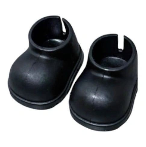 A colorful display of 10 pairs of miniature plastic short boots for Labubu, arranged in red, teal green, orange, light blue, black, dark brown, yellow, white, pink, and light purple.