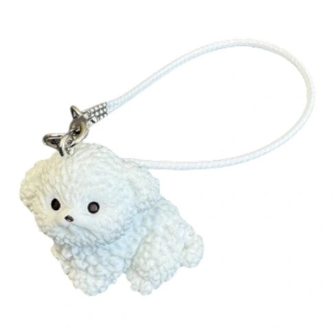 A collection of 6 miniature pet-style bags for Labubu, featuring different dog breeds and poses (standing and lying) in white, grey, brown, and yellow colors.