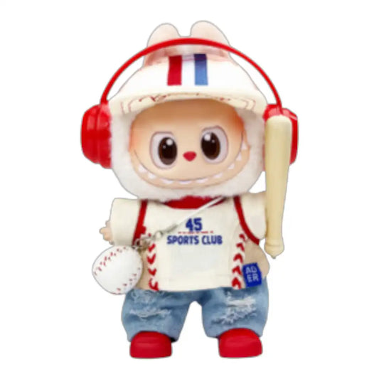 Labubu plush toy wearing a full 7-item Baseball Style Outfit, including a baseball jersey, pants, cap, shoes, headphones, sunglasses, and a miniature bat and ball.