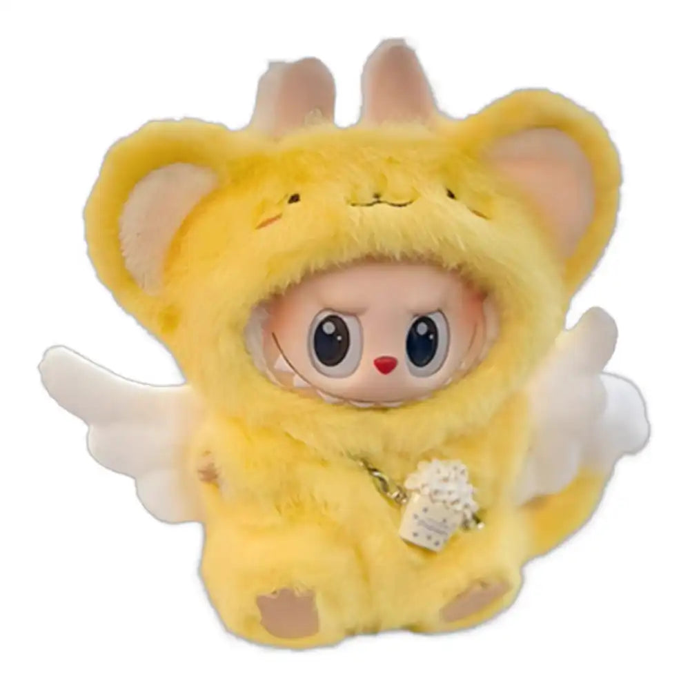 Labubu plush toy wearing the complete Cardcaptor Sakura Kerberos (Kero-chan) outfit, featuring a full costume, crossbody bag, and sunglasses.