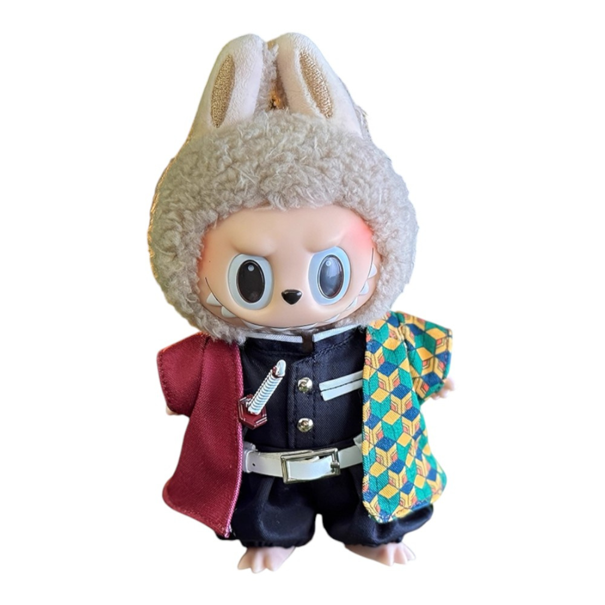 Labubu plush toy wearing the complete 6-piece Demon Slayer Giyu Tomioka Water Hashira outfit, featuring haori, uniform, and Nichirin blade.