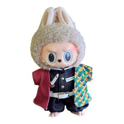 Labubu plush toy wearing the complete 6-piece Demon Slayer Giyu Tomioka Water Hashira outfit, featuring haori, uniform, and Nichirin blade.