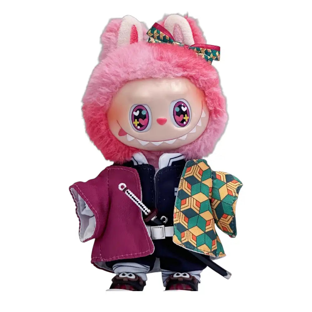 Labubu plush toy wearing the complete 6-piece Demon Slayer Giyu Tomioka Water Hashira outfit, featuring haori, uniform, and Nichirin blade.