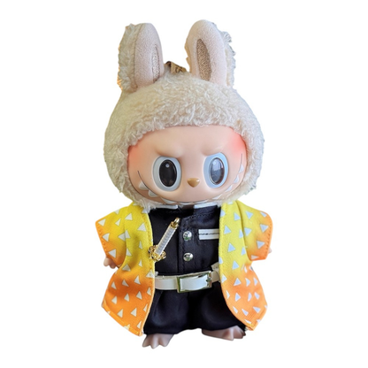 Labubu plush toy wearing the complete 5-piece Demon Slayer Zenitsu Agatsuma outfit, featuring yellow haori, uniform, sparrow mask, and lightning Nichirin blade.