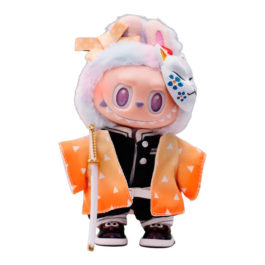 Labubu plush toy wearing the complete 7-piece Demon Slayer Zenitsu Agatsuma outfit, featuring yellow haori, uniform, sparrow mask, and lightning Nichirin blade.