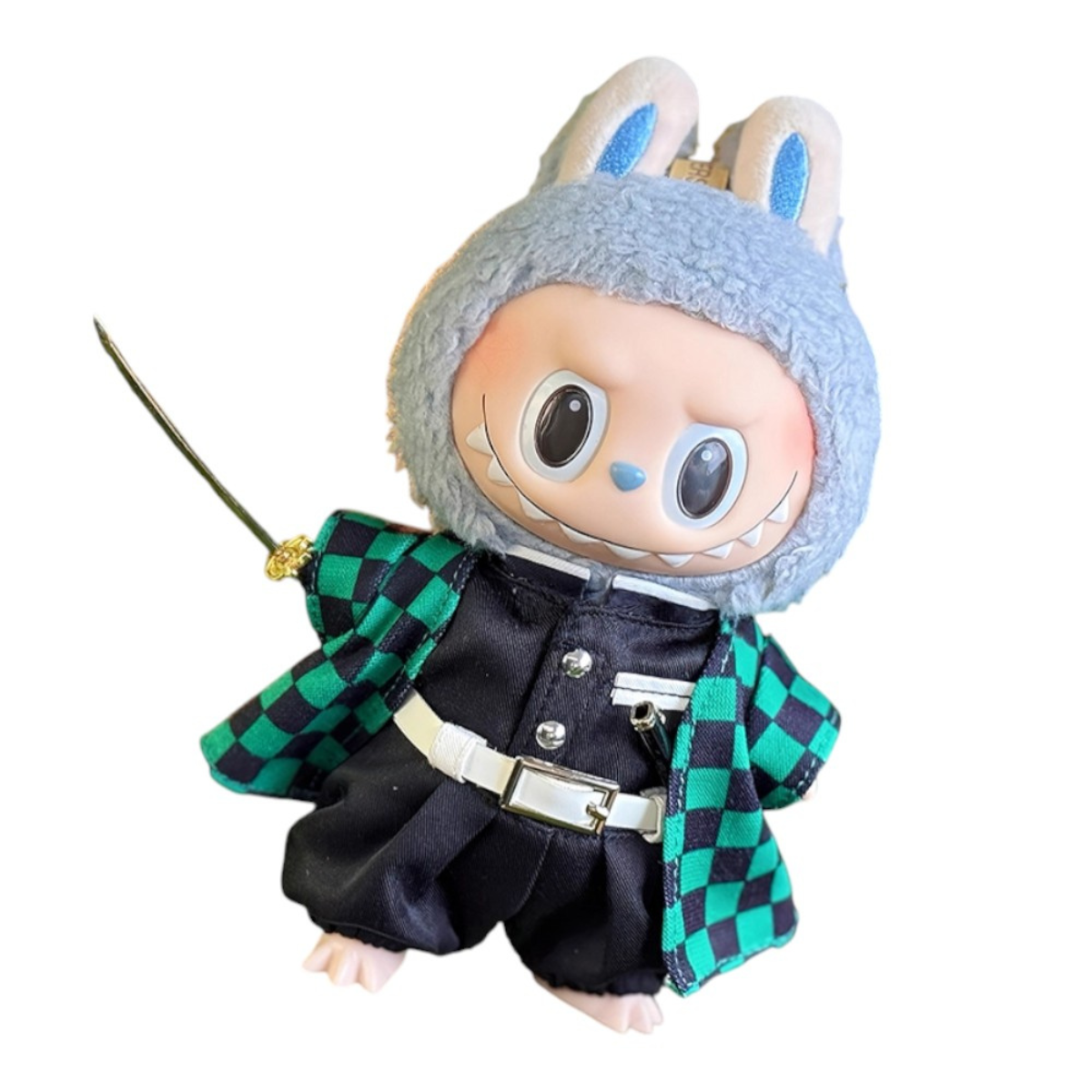 Labubu plush toy wearing the complete 5-piece Demon Slayer Tanjiro Kamado outfit, featuring green checkered haori, uniform, fox mask, and black Nichirin blade.