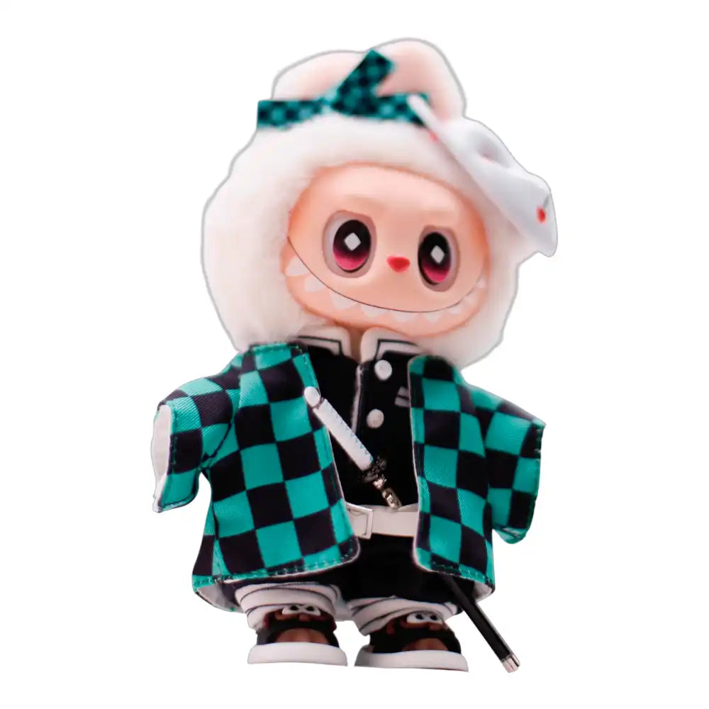 Labubu plush toy wearing the complete 7-piece Demon Slayer Tanjiro Kamado outfit, featuring green checkered haori, uniform, fox mask, and black Nichirin blade.