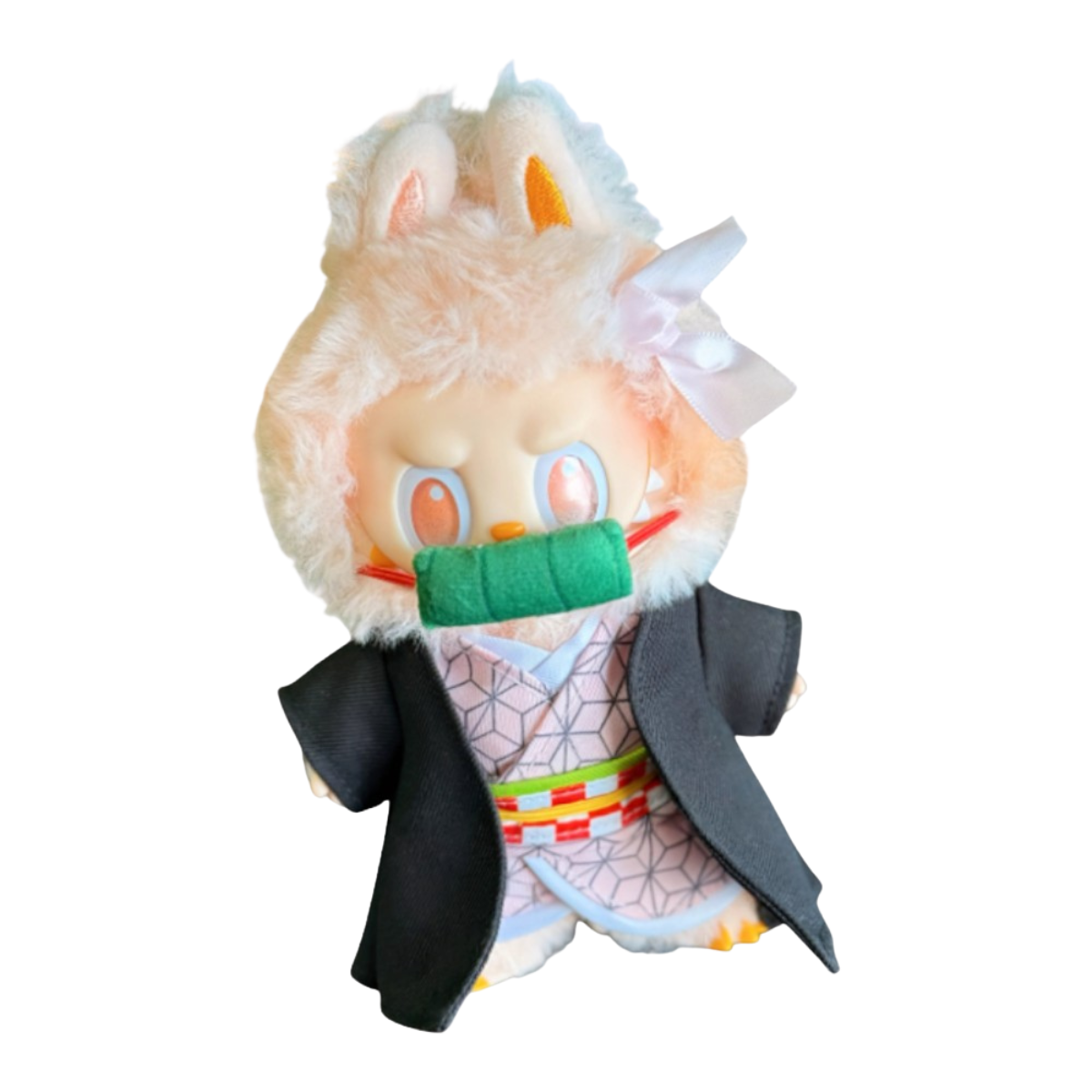 Labubu plush toy wearing the complete 5-piece Demon Slayer Nezuko Kamado outfit, featuring pink kimono, bamboo mouthpiece, ribbon, and zori sandals.