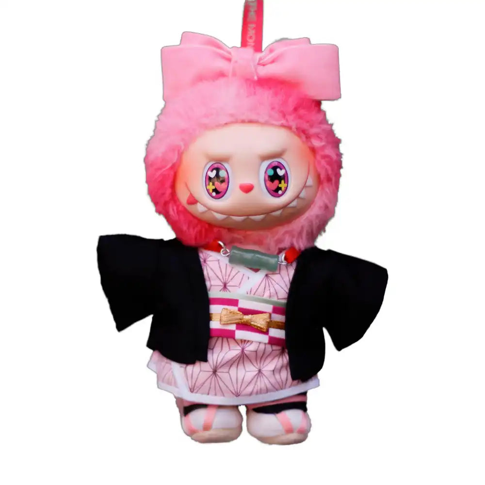 Labubu plush toy wearing the complete 6-piece Demon Slayer Nezuko Kamado outfit, featuring pink kimono, bamboo mouthpiece, ribbon, and zori sandals.