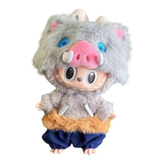 Labubu dressed in an Inosuke Hashibira style outfit, featuring a detailed boar head mask, fur-trimmed pants, a simple belt, and two miniature dual Nichirin swords.