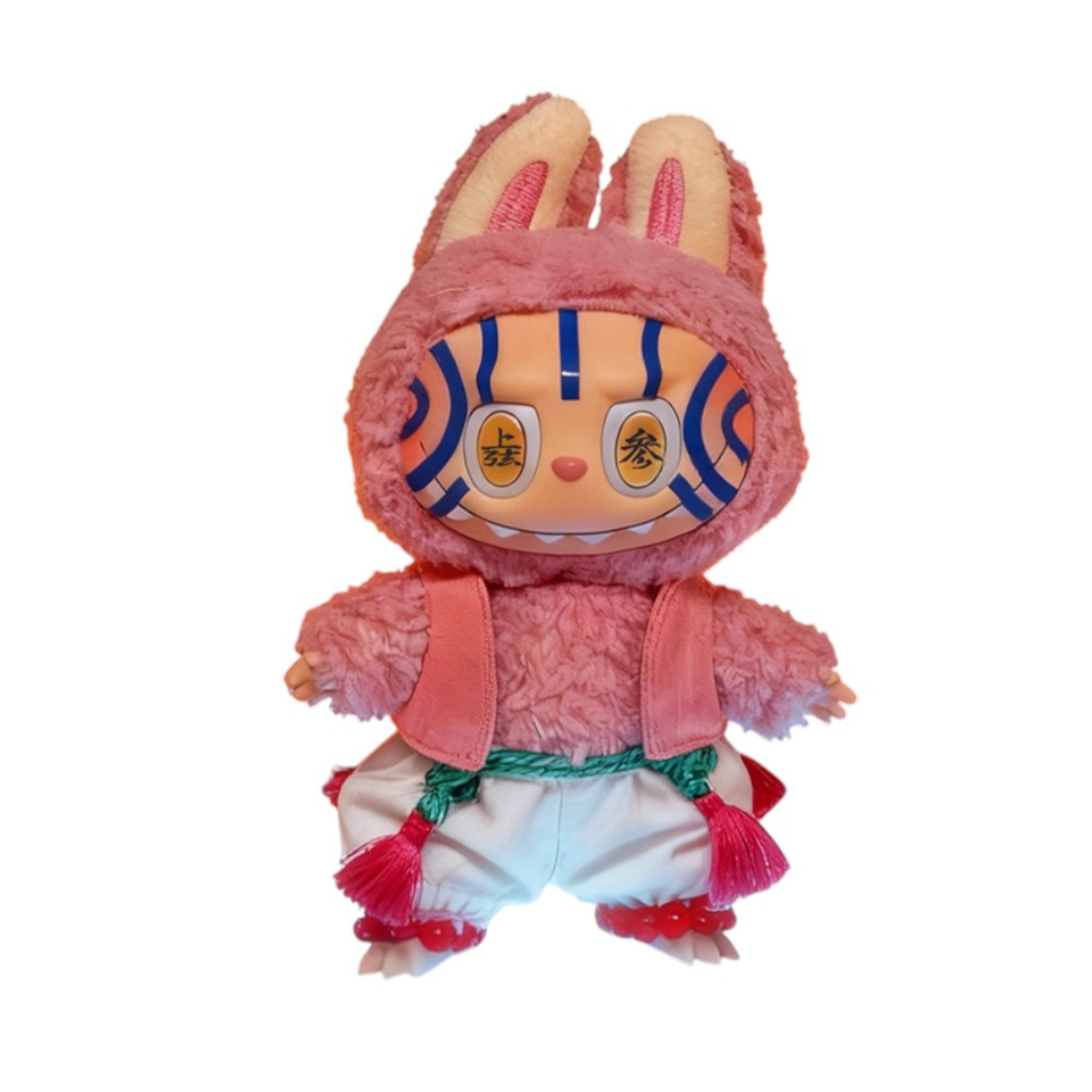 Labubu dressed in an Akaza style outfit, featuring a white uniform top, dark pants, and applied eye and face tattoo decals to mimic Akaza's markings.