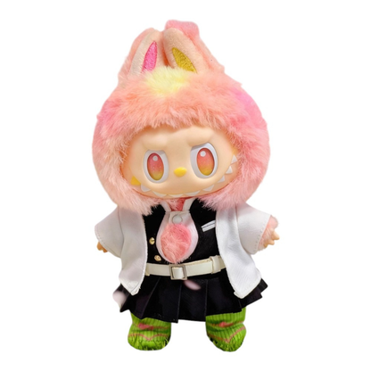 Labubu wearing a Mitsuri Kanroji style outfit, featuring a white uniform top, a pleated skirt, a white belt, and miniature boots.