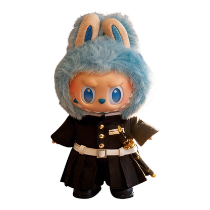 Labubu wearing a Muichiro Tokito style outfit, featuring a loose-fitting uniform, a white belt, miniature shoes, and a Nichirin sword accessory.