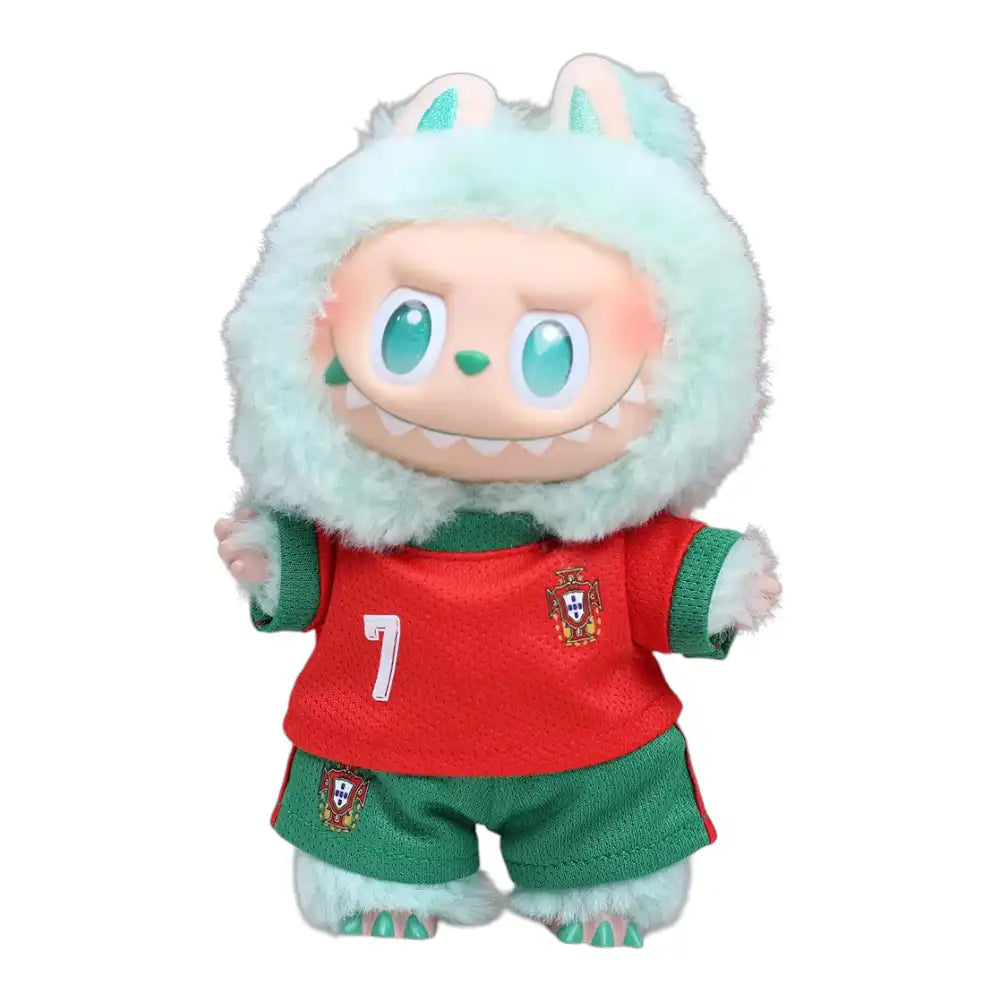 Labubu plush toy wearing the complete Portugal National Football Team No. 7 jersey outfit, featuring a red and green replica jersey and matching shorts.