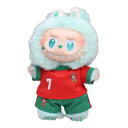 Labubu plush toy wearing the complete Portugal National Football Team No. 7 jersey outfit, featuring a red and green replica jersey and matching shorts.
