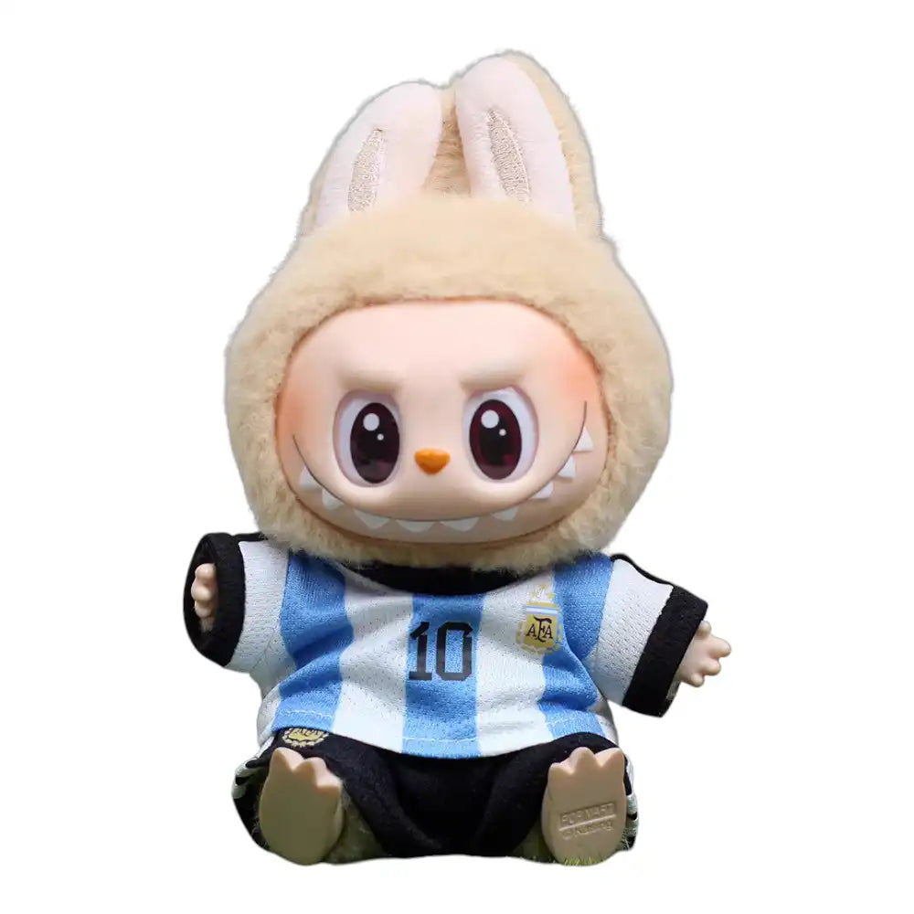 Labubu plush toy wearing the complete Argentina National Football Team No. 10 jersey outfit, featuring a sky blue and white striped replica jersey and matching shorts.