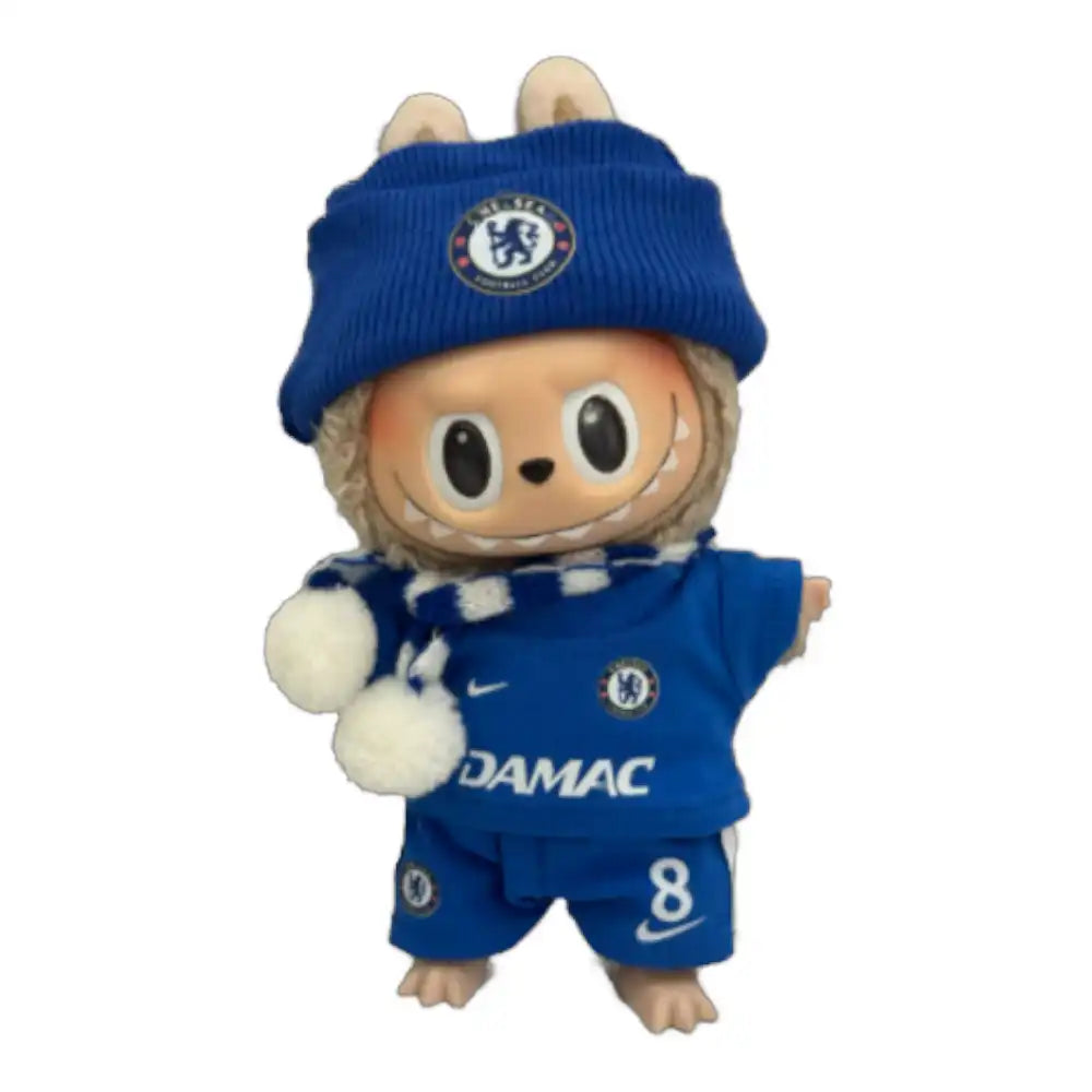 Labubu plush toy wearing a custom Chelsea Football Club jersey outfit with a chosen player number, including a blue replica jersey, matching shorts, hat, and scarf.