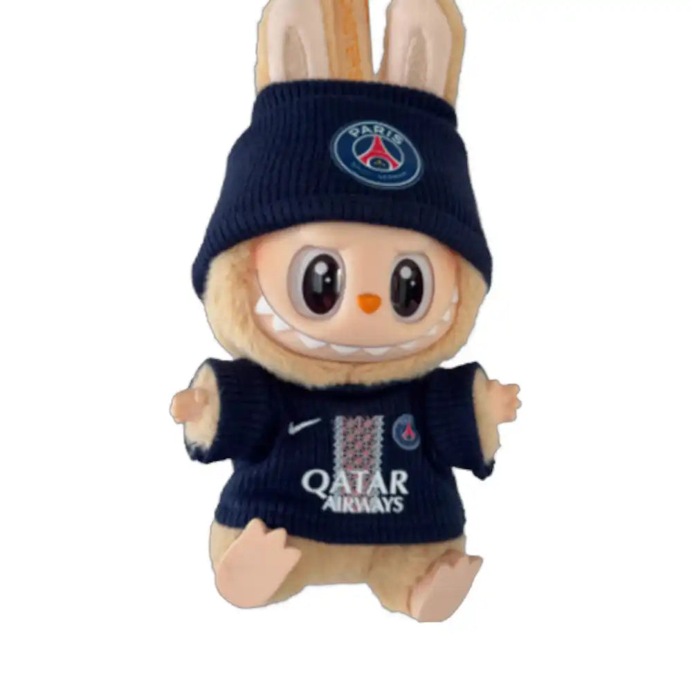 Labubu plush toy wearing the complete Paris Saint-Germain Football Club jersey outfit, featuring an iconic replica jersey and a coordinating themed hat.