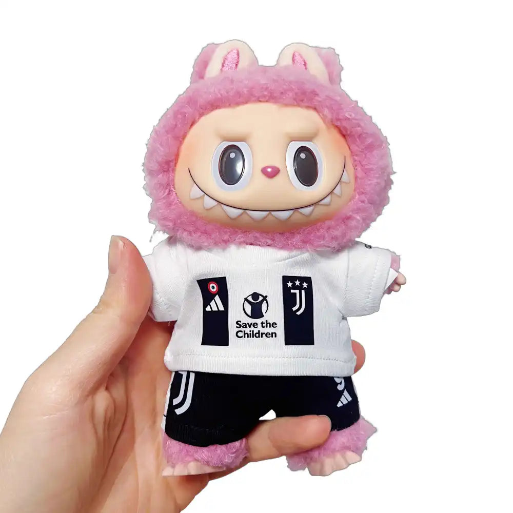 Labubu plush toy wearing a custom Juventus Football Club jersey outfit with a chosen number, including a black and white striped replica jersey and matching shorts.