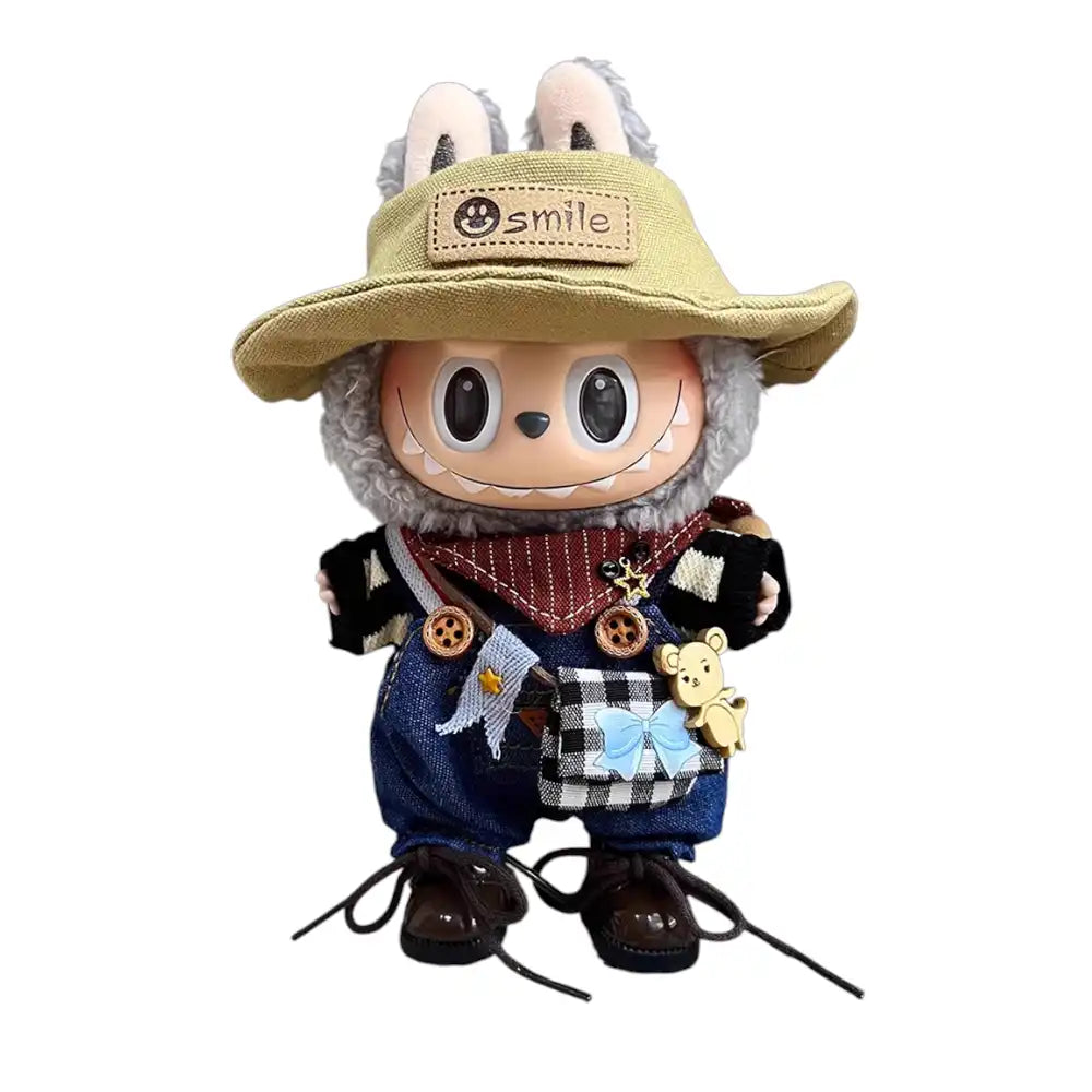 Labubu plush toy wearing a full 6-item Cowboy Outfit, including a cowboy hat, boots, Western shirt, overalls, necktie/bandana, and a small bag.