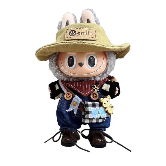 Labubu plush toy wearing a full 6-item Cowboy Outfit, including a cowboy hat, boots, Western shirt, overalls, necktie/bandana, and a small bag.