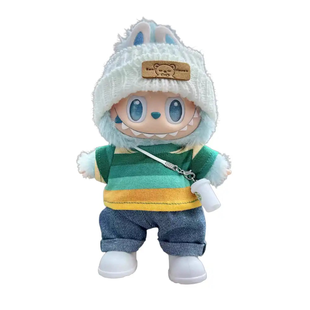 Labubu plush toy wearing a full 6-item Striped T-shirt Outfit, including headphones, hat, striped T-shirt, pants, shoes, and either a miniature cup (green stripe) or mobile phone (pink stripe).