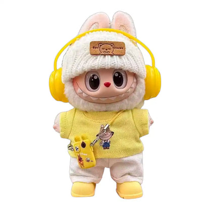 Labubu plush toy wearing a full 6-item Printed T-shirt Outfit, including headphones, hat, printed T-shirt, pants, shoes, and a miniature mobile phone, available in Yellow and Blue.
