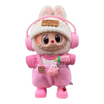Labubu plush toy wearing a full 5-item Overalls Outfit, including headphones, hat, top, overalls, and shoes, available in Pink, Purple, Red, Blue, and Brown.